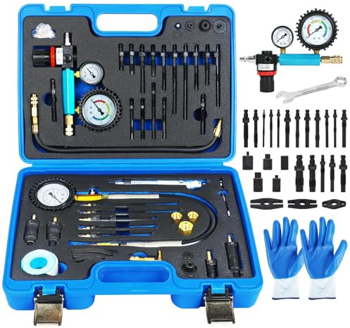 Diesel Compression Tester Kit 47pcs Petrol & Diesel Engine Compression Tester Small Engine Cylinder Leak Down Tester with Compression Gauge, Leak Detector, Gloves, for HDI/TDCi/Pumpe Duse Engine