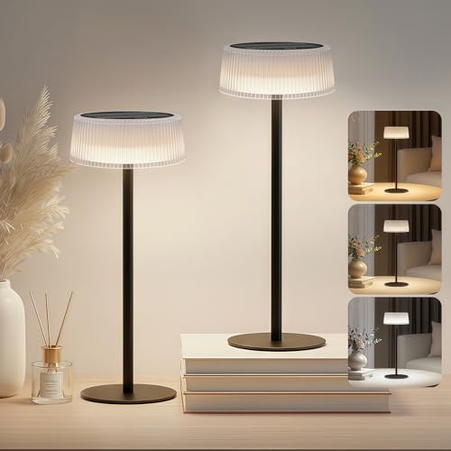 Cnlux Lámpara de Mesa LED Inalámbrica 2 Piezas, Lamparas de Mesa Recargable con Batería 4000 mAh, Solar y USB-C, Regulable Táctil 3 Temperaturas, IP65 Lámpara Solar Exterior Terraza Jardín Dormitorio