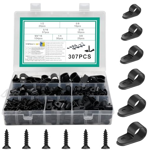 307 Pezzi P Clip Fermacavi, Fascette Fermatubo a P, Clip per Cavi Tipo R, 6 Misure Clips a Fascetta per cavi elettrici, gestione di cavo e condotti, include 104 viti