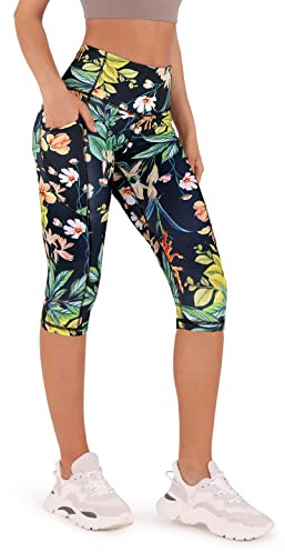 ODODOS Women's High Waisted Printed Yoga Capris with Pocket, Tummy Control Non See Through Workout Sports Running Athletic Capri Leggings, Tropical Flower, Medium