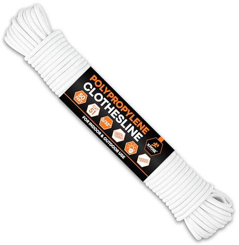 Plastic Clothesline Rope 5/32 x 50 FT, White Outdoor Clothes Line for Hanging and Drying Laundry, Weather Resistant Braided Plastic Laundry Line, Synthetic Cord for Clothesline Pulley