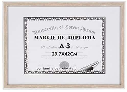 BESCH Marco de Diploma A3 Decoración 29,7 x 42CM con lámina de metacrilato (Madera Blanca)