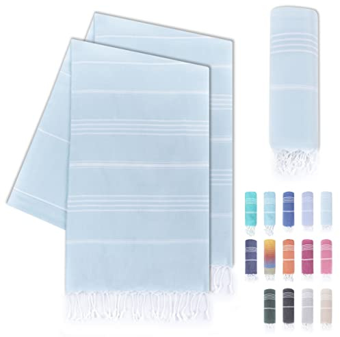 LAYNENBURG Hammam-handdukar i premiumkvalitet med handknutna fransar, 100 % bomull, XXL strandhandduk, Oeko-Tex 100, stor bastuhandduk och resehandduk, 95 x 180 cm, set med 2 (ljus turkos)