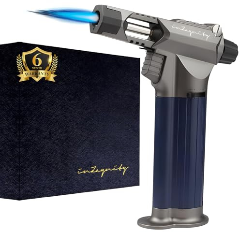 inZaynity Butane Torch Lighter - The Beast - Refillable Kitchen Torch with Safety Lock & Adjustable Flame - Butane Blow Torch Lighter for Creme Brulee, Welding, Soldering & Cooking (Silver Blue)