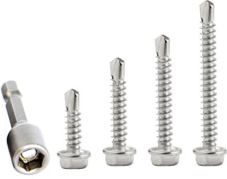 Assortiment de 113 vis à tête hexagonale M4.8 autoperceuses en acier inoxydable 410 avec douille hexagonale pour métal, bois, PVC, plaques de plâtre, plaque d'immatriculation (16/25/38/50 mm)