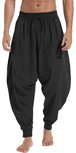 GUDEUBAI Mens Casual Harem Pants Baggy Elastic Drawstring Waist Aladdin Hippie Pant (X-Large, B-Black)