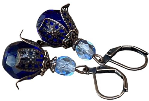 Vintage Ohrringe mit böhmischen Glasperlen - blau, royalblau, hellblau & kupfer, Knospen, Blüten