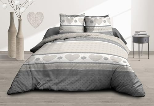 Housse de Couette 220x240 + 2 taies - Pur Coton 57 Fils - Coeurs Gris