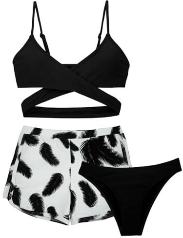 SEAUR Maillot de Bain Fille Ensemble de Bikinis Haut + Slip + Short de Bain 3 Pièces Enfants Fille 8-14 Ans Swimwear Set Natation Plage