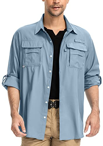 yeyity Chemise Safari UPF50+ protection UV à manches longues pour homme, bleu, M | Chemise fonctionnelle à séchage rapide, respirante, décontractée, boutonnée, pour randonnée, pêche, trekking