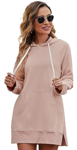 The Warmy Oversized Hoodie-klänning, Hoodies-klänning för kvinnor, Enfärgad Mellanlängd Lös Slit Hood Sweatshirt (Storbritannien, Alpha, S, Vanlig, Vanlig, Rosa)