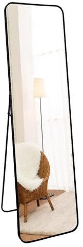 RLAVBL 140 x 40 cm Standspiegel oder Wandspiegel mit schwarzem Aluminiumrahmen, Sicherheits-Temperglas, abgerundete Ecken, für Schlafzimmer, Flur, Wohnzimmer