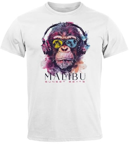 Neverless® Herren T-Shirt AFFE mit Kopfhörer Musik Motiv Party Festival Sommer Printshirt Fashion Streetstyle weiß XL