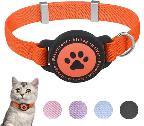 JIARUI Airtag Cat Collar, Stretchy Kitten Collar with Apple Air Tag Holder | Lightweight and Comfortable, Ultra Elastic GPS Cat Collars for Cats Kittens and Puppies, 7.5-12.5 Inch