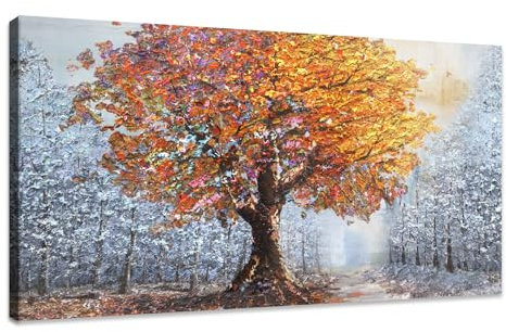 WENGTIAO Stampa su Tela Texture Astratta di Albero d'autunno Con Cornice Grande Quadro su Tela Pittura di Alberi di Foglie Gialle Quadri Moderni Soggiorno Camera da Letto Decorativo Parete 120x50 cm