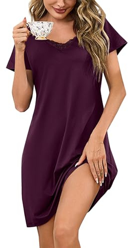 Aseniza Women's Nightdresses Nightshirt Cotton Lace Nighties for Ladies V Neck Short Sleeve Nightgown Nightwear Loungewear Dark Purple,M