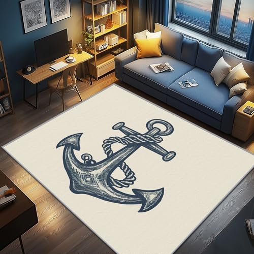 AevuCub Anker Deko, Nautisch Teppich 120x160 Kurzflor, Teppich Wohnzimmer Beige Maritim, Weich rutschfest Waschbare Teppiche, Bettvorleger Schlafzimmer Kinderzimmer