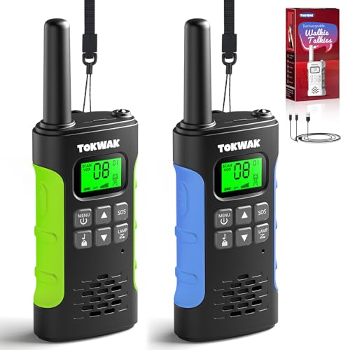Tokwak Talkie Walkie Longue Portée Rechargeable par USB C, Paire de Talkie-Walkie Enfants Adultes 16 Canaux VOX Lampe Torche, Walkie Talkie PMR446 Batterie Li-on pour Camping, Randonneé, Vélo, Fêtes