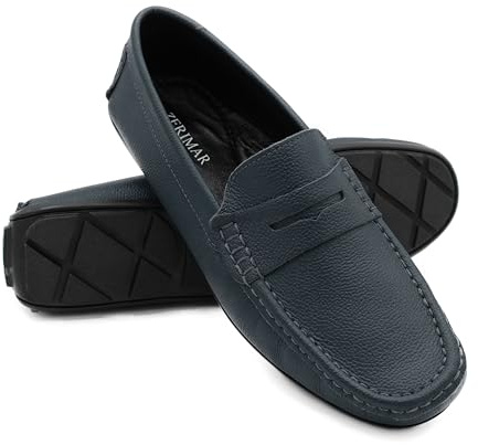 Zerimar mocasín clásico de Antifaz en Cuero de Vacuno, fabricación artesana, diseño práctico y Elegante, Zapato cómodo con Acabado Premium Azul Marino Talla 42