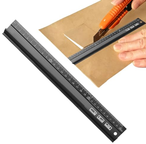 Metal Ruler for Cutting, 1 Pcs Ribbed Metal Ruler 30cm, Cutting Rulers Suitable for Length Measurement and Diy Projects (Black)