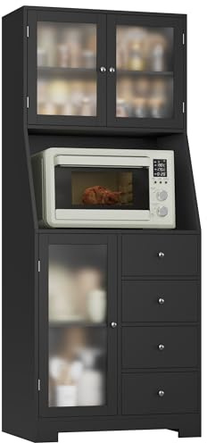 HOCSOK 163cm Küchenschrank, Buffetschrank mit Arbeitsplatte, Vorratsschrank Küche mit 3 Türen und 4 Schubladen, Hochschrank Küche für Wohnzimmer Esszimmer Bar, Schwarz
