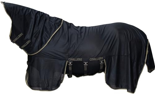 Covalliero - Fliegendecke mit Halsteil FS26 – Pferdedecke mit abnehmbaren Kreuzgurten & Schweiflatz – atmungsaktive Weide-, Transport- & Stalldecke – Decke in Schwarz – Gr. 155cm