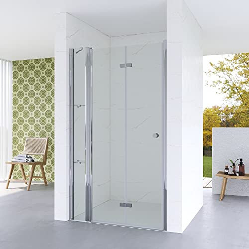 Nischentür Dusche 110 cm Verstellbereich 107,5-110 cm mit Duschtür Falttür Drehfalttür und Seitenteil, Chromoptik, Innen- und Außenöffnung, 5 mm ESG Echtglas klar, Acryl- Eckregalen, Höhe 187 cm