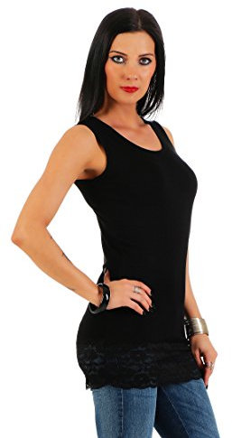 Mellice - Damen Longshirt Long Top mit Spitze (M, Schwarz)