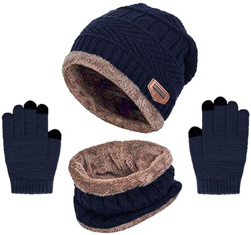 Enfants Bonnet, Écharpe et Gants Ensemble 3PCs Bonnet en Tricot à Doublure Polaire Chaude Cercle D'écharpe Thermique avec Gants à Écran Tactile Pour Garçons Filles