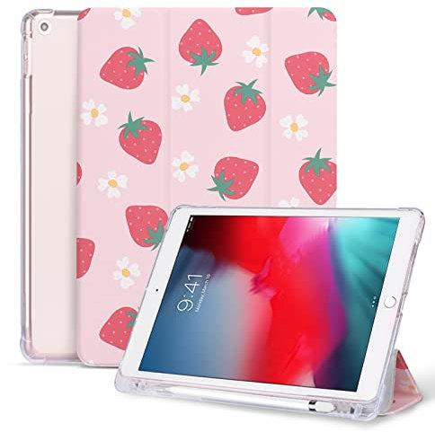 Vozehui 10.2 inch Case for iPad 9th/8th/7th Generation with Pencil Holder, Strawberry Print Tri-fold Stand Protective Cover with Auto Sleep Wake for iPad Case 10.2 inch 2021/2020/2019,Pink