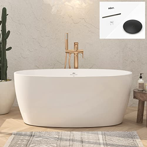 FerdY Tahiti 55 Acrylic Freestanding Bathtub, Elegant Oval Shape Soaking Bathtub, Glossy White, Matte Black Drain & Integrated Slotted Overflow Assembly Included cUPC Certified