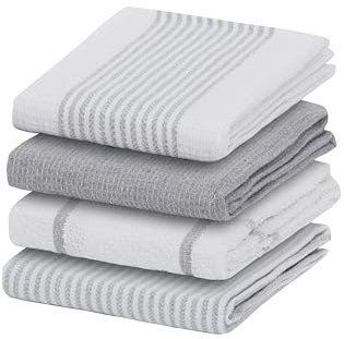 Olivia Rocco 4 Pack Tea Towel Kitchen Tea Towels Cotton Absorbent Long Lasting Catering Bar Dish Towel Cloth, Silver
