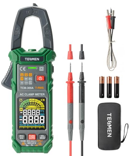 TESMEN TCM-300A Pinza Amperimetrica con 6000 cuentas amperímetro T-RMS multímetro de auto-rango voltímetro con corriente AC voltaje AC/DC NCV cable activo resistencia arranque diodo temperatura- Verde