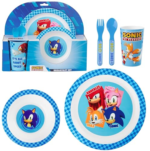 Get Trend Sonic the Hedgehog Dinnerware Sets for Kids, 5 Pc Tableware, Plate, Bowl, Cup, Spoon, Fork, Plates and Bowls Set, Gifts for Kids (Blue Sonic The Hedgehog)