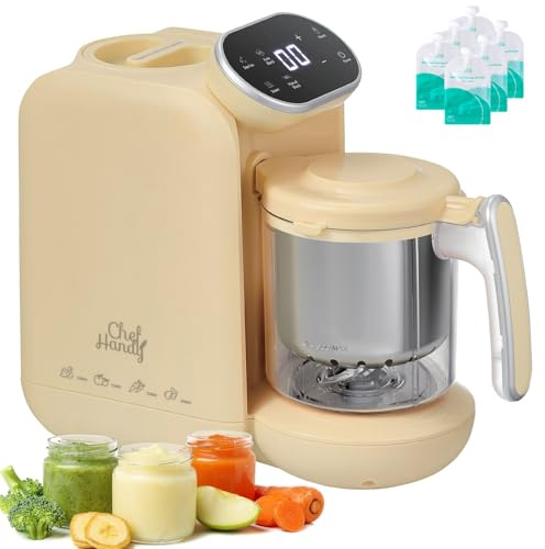 Chefhandy Cuocipappa per Neonati Multifunzione 5-in-1,Omogeneizzatore per Neonati con funzione vapore,frullatura,scaldalatte e allarme acqua insufficiente Per tutte le fasi del bambino (Giallo)