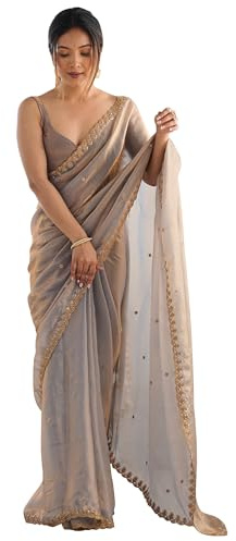 AKHILAM Women's Paper Silk Embroidered Saree With Unstitched Blouse Piece (AARYAN14301_KR_Parent), Metallic, One size