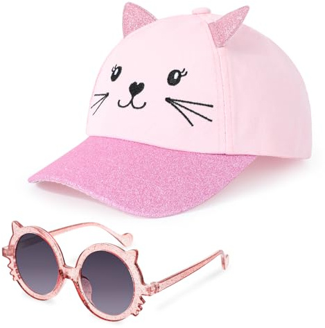 Hifot Ensemble Casquette de Baseball pour Fille Lunettes de Soleil Enfant, Réglable Casquette Rose Enfant Chapeau de Soleil Chat Pailleté Protection UV