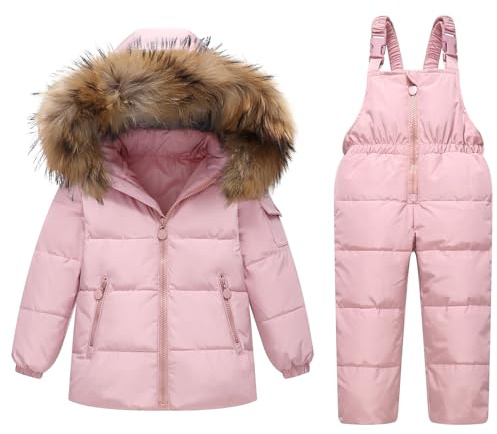 JiAmy Tuta da neve per bambini, 2 pezzi, invernale, con cappuccio, piumino e pantaloni da neve, tuta da sci per ragazzo, ultraleggero, Rosa, 140/8-9 Years