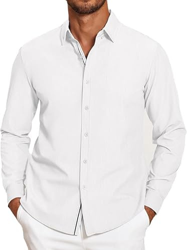 COOFANDY Herrskjorta långärmad button down casual skjortor för män stretch affärsmän skjortor mode fritidsskjorta normal passform, Vit, XL
