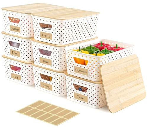 AntStep 8 Pack Plastic Storage Bins with Bamboo Lids - Stackable Storage Baskets with Handle for Pantry Organizer and Storage, Plastic Containers Bins Lidded Storage Bins for Classroom Office Shelves