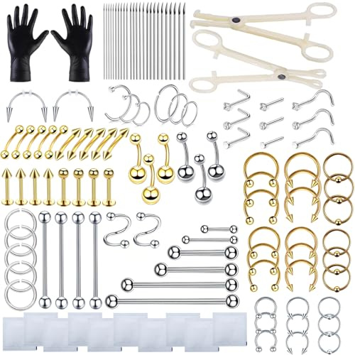 HOINCO 124 st Body Piercing Kit,med 12G 14G 16G 18G 20G rostfritt stål piercingnålar och akrylsmycken, för ögonbrynsnor näsa ellyknapp tunga, kropp, alla kroppspiercingsverktyg, kit, Acier inoxydable