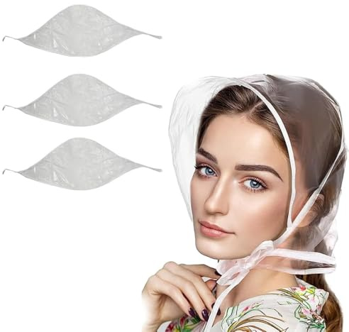 eMKay® Pack of 3 Clear Plastic Rain Hood with Visor – Foldable Reusable Waterproof Rain Hat with Tie Front and Net Lining for Hair Protection – Portable Transparent Rain Cover for Women