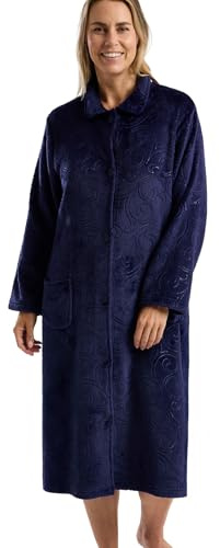 Marlon Women's Sabrina Button Through Embossed Fleece Dressing Gown - Soft & Cosy Housecoat With Pockets, Navy Swirl, M
