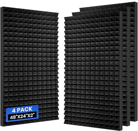 Focusound 4 Pack Pyramid Acoustic Foam Panels, 48''X24''X2'' Sound Proof Foam Panels for Walls, High Density Noise Cancelling Soundproofing Panels for Studio Office (Black)