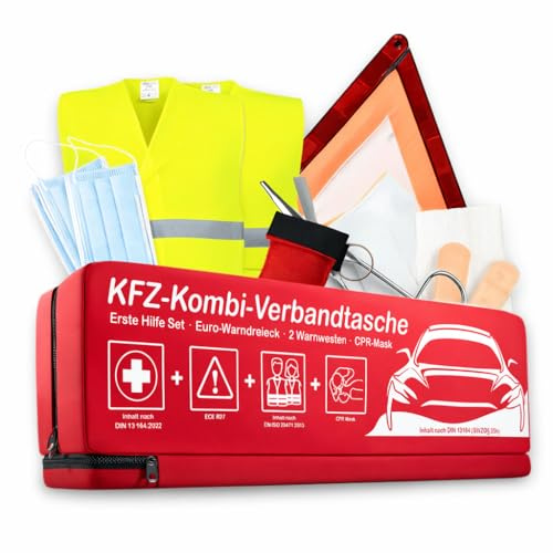 breathefirst Kit de primeros auxilios premium para coche DIN 13164 (2026), kit de primeros auxilios, incluye triángulo de advertencia, máscara CPR y 2 chalecos reflectantes, aprobado por la UE y