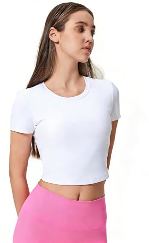 White T Shirt Women Y2K, Women's Basic Ladies Short Sleeve Stretch | Crop Tops for Women UK, Slim Fit Crew Neck, Cropped, Summer, Going Out, Tshirt