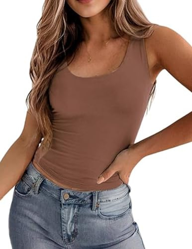 Zeagoo Vest Tops Women UK Double Lined Tank Top Square Neck Crop Tops Slim Fitted Summer Camisole Top Brown M