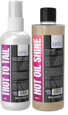 Show Stopper Horse Grooming Bundle | Trot to Tail Mane & Tail Detangler 300ml + Hot Oil Shine Treatment 300ml | Deep Conditioning, High Gloss Finish & Everyday Grooming Spray for Horses