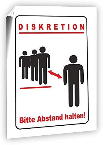 Diskretion - Bitte Abstand halten! Aufkleber DIN A5 (14,8 x 21,0 cm), PVC Folie für den langfristigen Außeneinsatz, UV beständig und wetterfest - Wieder entfernbar!