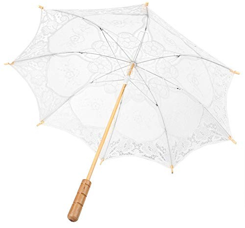 Mumusuki Umbrella Art Floral Bridal Summer Parasol Vintage Cotton Bamboo Bridesmaid Lace for Wedding Parties Dancing Photography Prop(White(L))